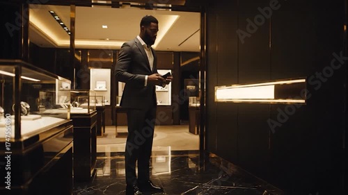 Stylish Man in a Suit Examining a Hat Inside a Luxury Watch Store