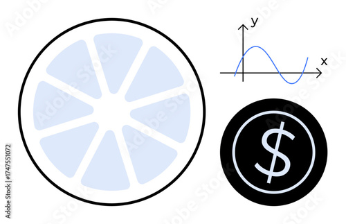 Circular segmented graph alongside a dollar coin and a mathematical line chart showing a sine wave. Ideal for analytics, economics, investment, data science, profit, visualization, simple flat