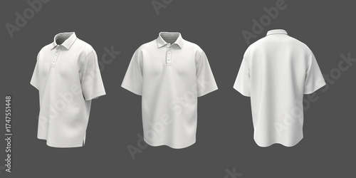 Oversized white men’s short sleeve polo shirt mockup. 3D render in front, side and back views. Realistic template