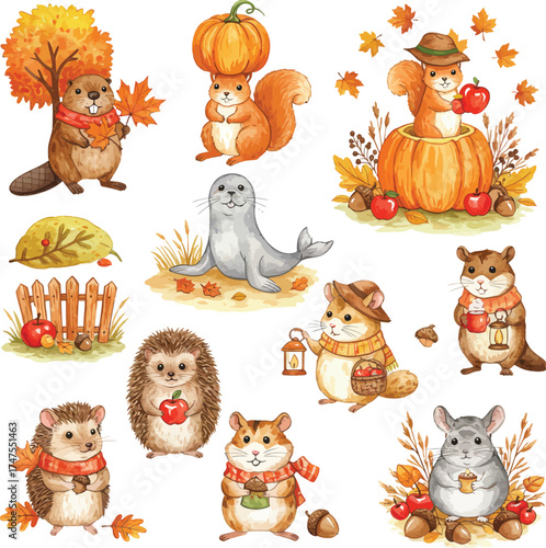 Charming autumn animals collection with pumpkins leaves squirrel hedgehog seal and hamster