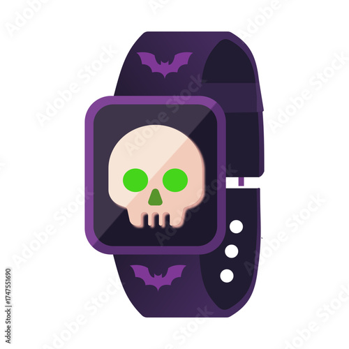 Modern smartwatch with skull face on screen, purple-black Halloween color palette, ideal for wearable tech and spooky gadget concepts.