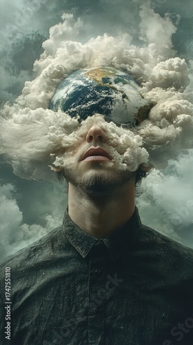 Portrait of a person with earth globe and clouds emerging from the head symbolizing thoughts, imagination, and environmental consciousness