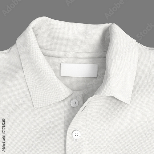 Close-up 3D render of brand label on polo shirt. Realistic fabric stitching and logo tag mockup