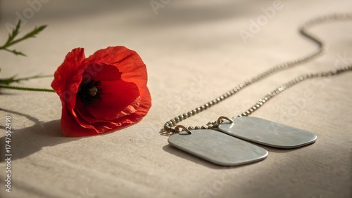 Red poppy flower and military dog tags on a textured surface with soft light