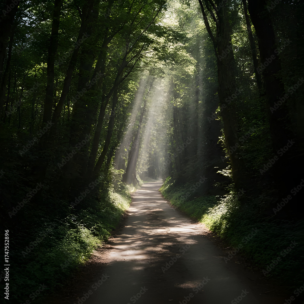 Obraz premium A peaceful, winding forest path disappearing into the distance, with beams of sunlight filtering through the canopy of tall trees.