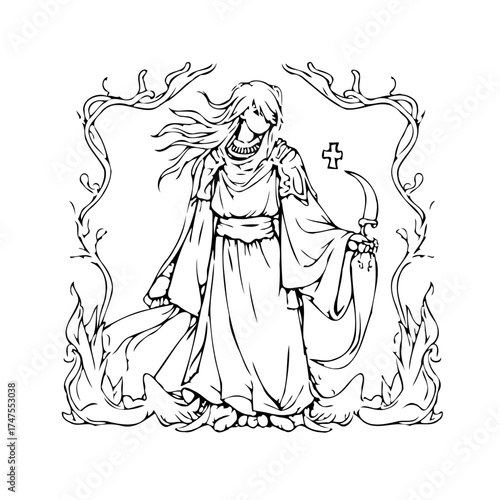 Enigmatic priestess wielding ceremonial dagger framed by abstract foliage and religious symbolism