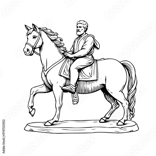 Equestrian illustration depicting a courageous rider atop a gallant steed captured in monochrome