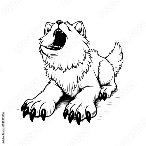 Expressive canine vocalization depiction with black and white linework, revealing powerful animal