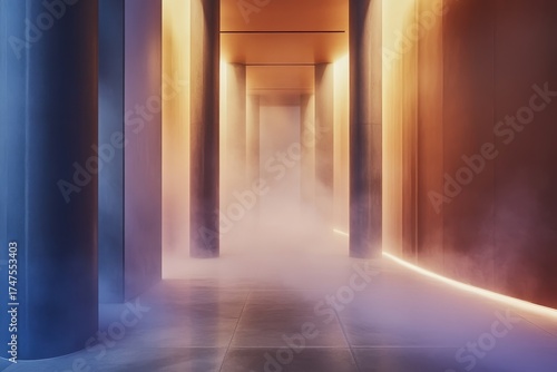A long, columned hallway shrouded in a vibrant haze of warm, golden light and cool, dusky hues, creating an ethereal and mysterious atmosphere.
