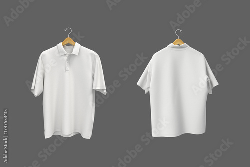 3D rendering of an oversized short sleeve polo shirt mockup for men. Realistic fabric texture, front and back view on hanger
