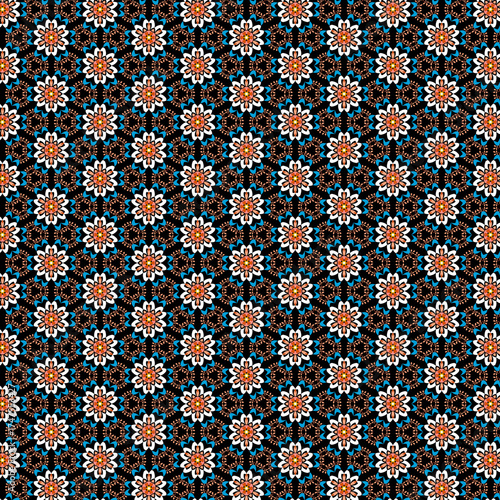Decorative grid Simple abstract flat flowers, leaves, berries on a black background Bright colorful floral, botanical pattern Tiny floral fabric, wallpaper, gift wrap