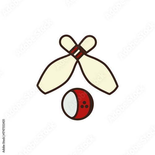doodle of two bowling pins and a bowling ball on a white background. The two bowling pins are cream-colored with red bands near their necks. Below them is a red bowling ball with a white stripe
