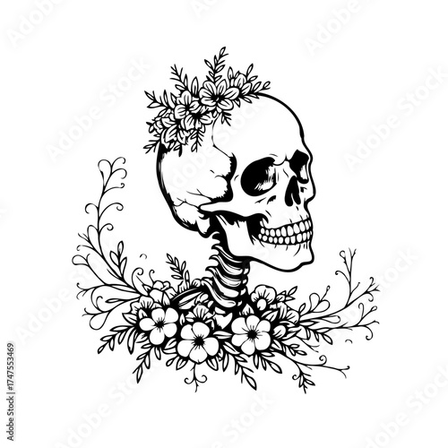 Floral Skull Illustration: A Delicate Dance of Life and Mortality in Artistic Black and White Design