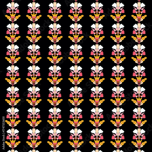 Ethnic, folk, oriental style Floral symmetry Simple fantasy decorative flowers on a black background Vibrant floral mosaic pattern