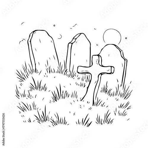 Graveyard silhouettes at night with tombstones and cross amidst grass under moonlight drawing a