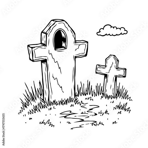 Graveyard sketch depicting two gravestones under a cloud with a path leading to the stones in white