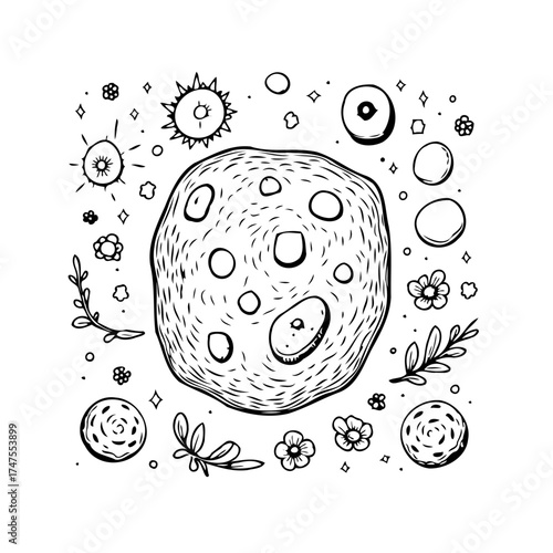 Hand drawn cartoon style planet with craters surrounded by stars and floral elements creating