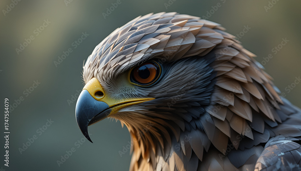 Obraz premium Detailed closeup of a brown eagle head with sharp beak and intense gaze