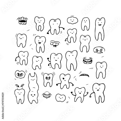 Hand drawn dental doodles illustration set showcasing healthy tooth characters with cheerful