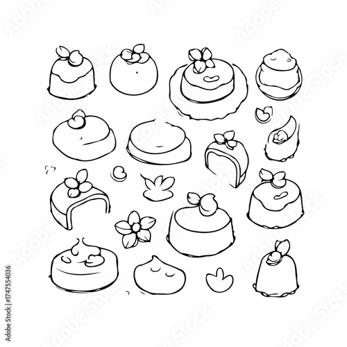 Hand drawn delightful assorted cakes offering an elegant assortment of charming desserts for