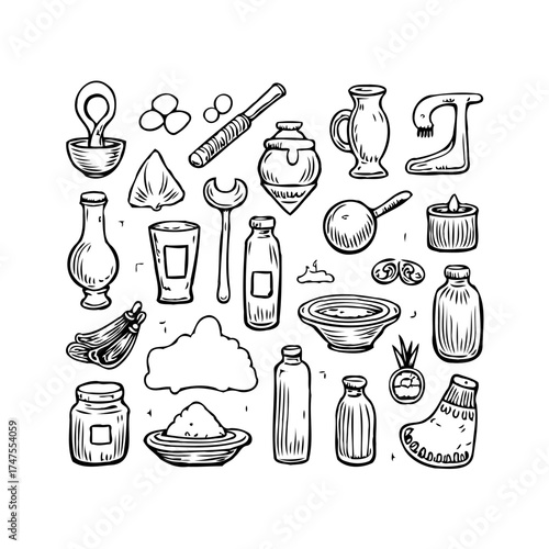 Hand drawn diverse selection of objects related to well being and traditional medicine including