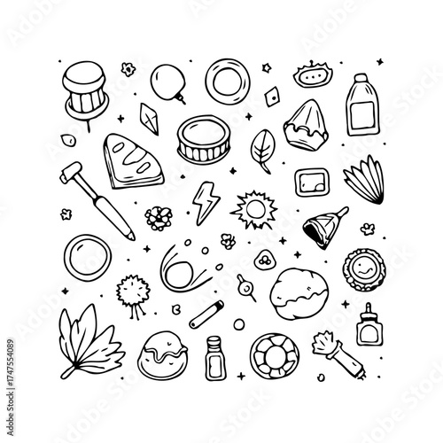 Hand Drawn Doodle Assortment Featuring Various Objects and Icons Isolated on White Background