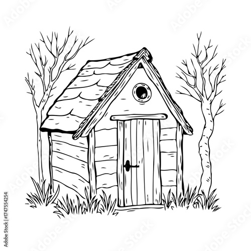 Hand drawn illustration of a small wooden shed nestled among bare trees and wild grass evoking