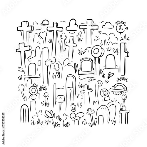 Hand drawn illustration of graves and crosses in a cemetery depicting eternal rest and remembrance