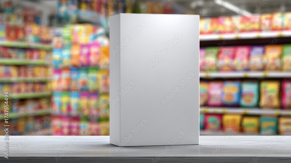 Fototapeta premium White box sits on a table in a brightly lit grocery store aisle.