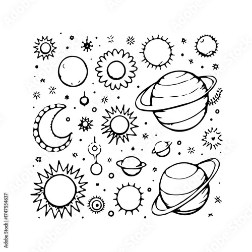 Hand-drawn astronomical elements creating whimsical celestial pattern with planet and sun for