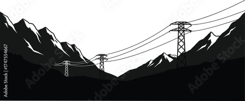 High voltage power transmission towers in mountain valley landscape, electricity pylons and cables vector illustration, renewable energy, industrial infrastructure, black and white design