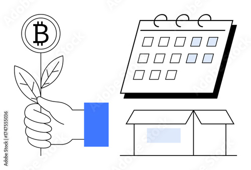 Hand holding a sprouting Bitcoin plant beside a calendar and box. Ideal for investment, blockchain, growth, planning, sustainability, finance, innovation concepts. Modern simple flat metaphor