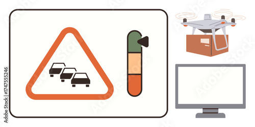 Traffic congestion warning sign, efficiency indicator, delivery quadcopter with a package, and desktop monitor. Ideal for transportation, logistics, technology, automation, innovation safety