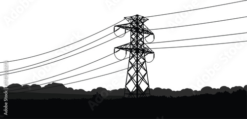 High voltage transmission tower silhouette with power lines over countryside landscape, black vector illustration showing electricity distribution and energy infrastructure design