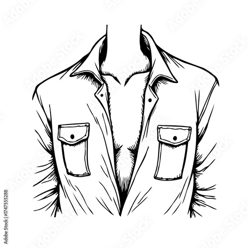 Illustration showing an open shirt with pockets and a partial view of the neck and chest area of a
