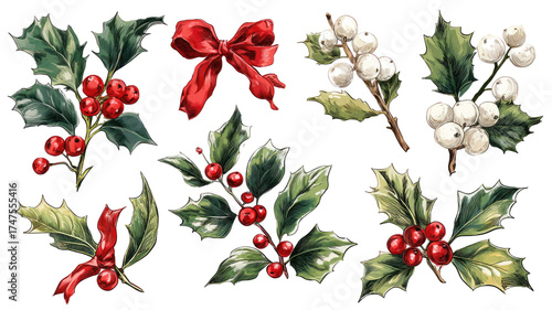 a collection of hand drawn mistletoe holly illustration with holly fruits and ribbon isolated on white background