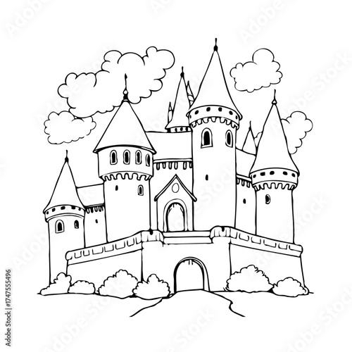 Illustrative grandeur black line art depiction of an elaborate fairytale fortress with whimsical