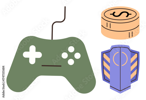 Game controller, stack of coins, shield symbolizing gameplay, virtual currency, protection, esports. Ideal for gaming, rewards, digital finance security tech innovation simple flat metaphor
