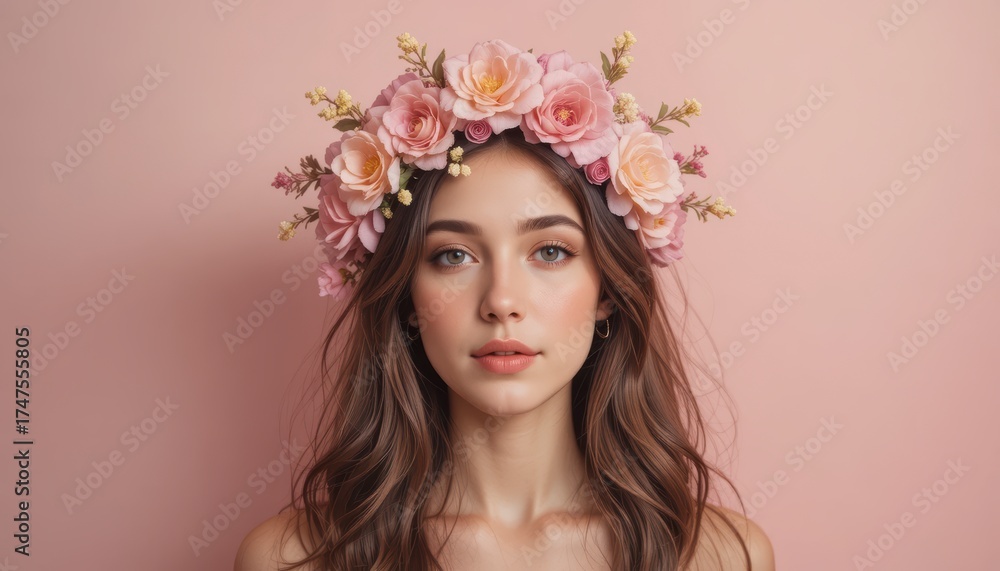 Fototapeta premium Portrait of a beautiful young woman with a flower crown on her head