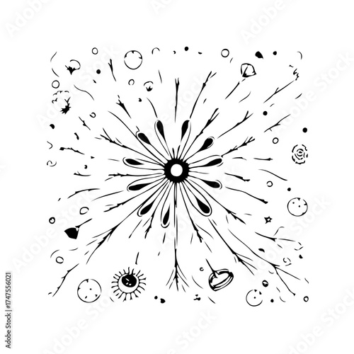 Intricate floral illustration with radiating elements and scattered geometric shapes exhibiting