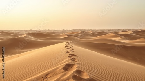Footprints leading across sand dunes under a hazy sky in a desert landscape at golden hour light