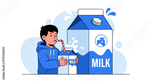 Milk Consumption: Cartoon Illustration of a Young Person Drinking from a Milk Carton