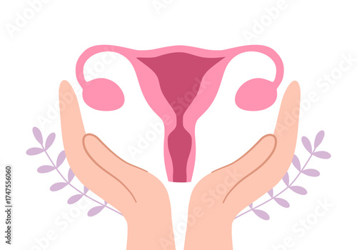 Hands protecting uterus and ovaries with leaves growing illustration.