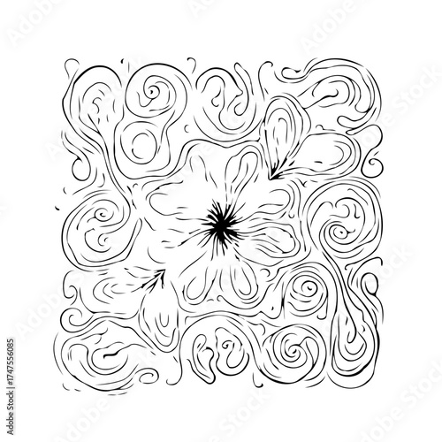Intricate line drawing featuring a stylized flower motif nestled within swirling abstract patterns