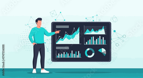 Modern Business Analyst Presenting Data Analytics and Graphical Information on a Screen