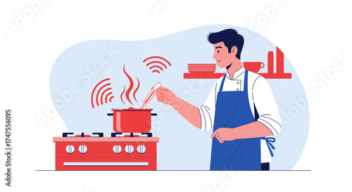 Modern Chef Experimenting, Cooking, And Testing Food Temperature In The Kitchen