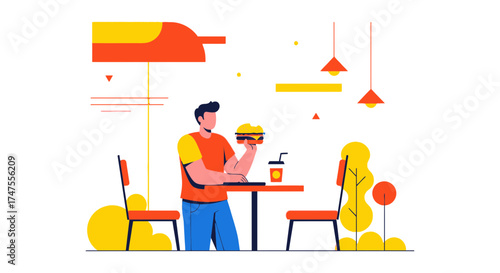 Modern Illustration Depicting a Person Enjoying a Delicious Burger at a Casual Restaurant