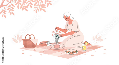 Peaceful Afternoon Picnic: Serene Scene of Floral Arrangement And Simple Delights