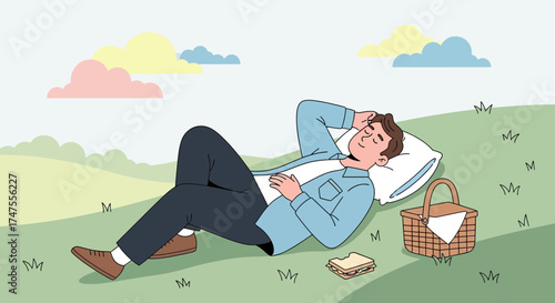 Peaceful Rest Illustrated: Man Relaxing On A Hillside During A Pleasant Day Out