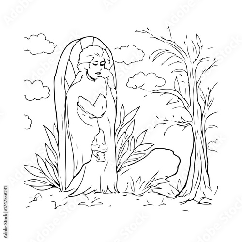 Isolated monochrome image of a forlorn figure amidst sketched botanical foliage and celestial